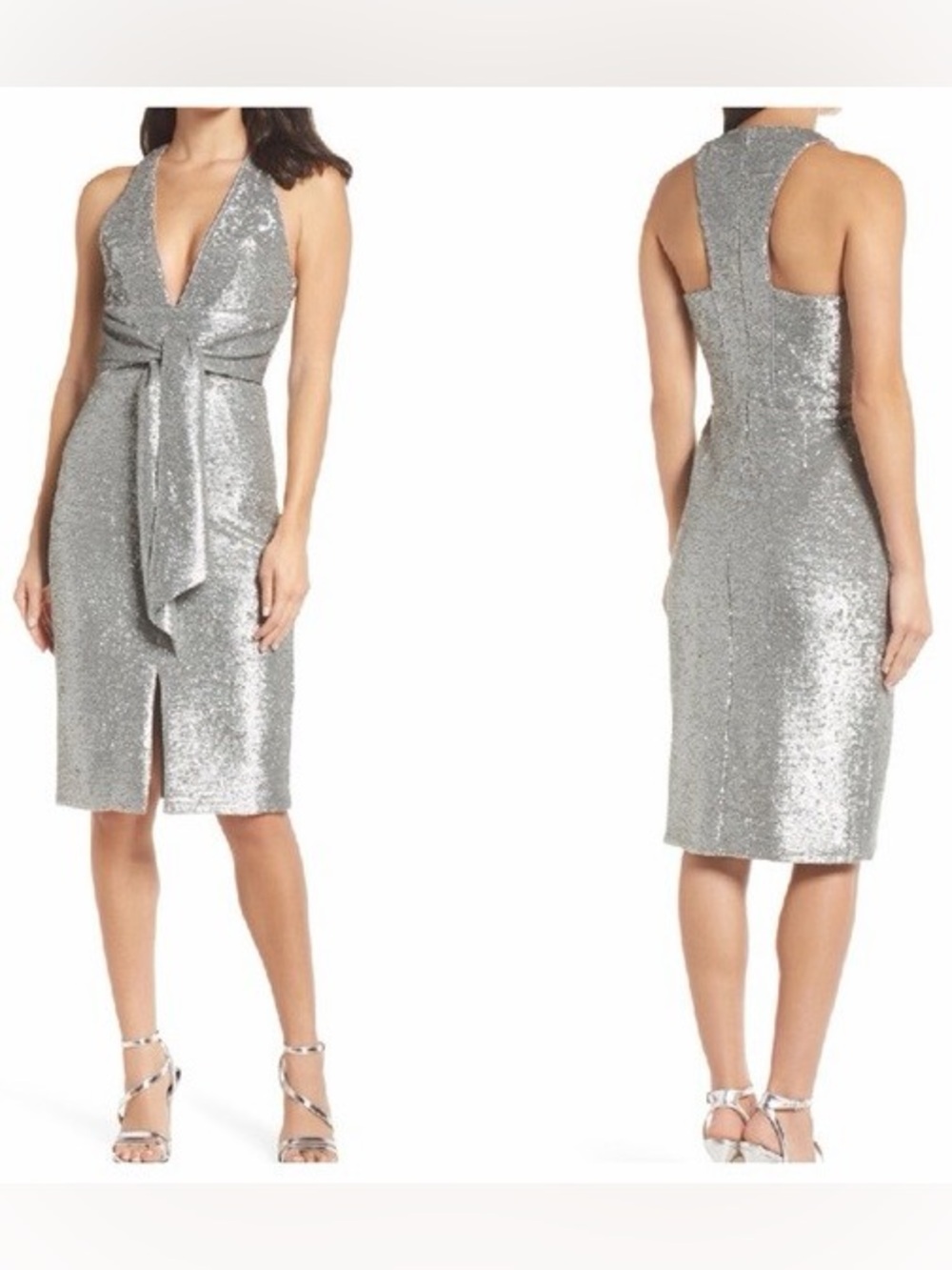 Anthropologie Harlyn Silver Sequin V-Neck Midi Dress with Front Tie